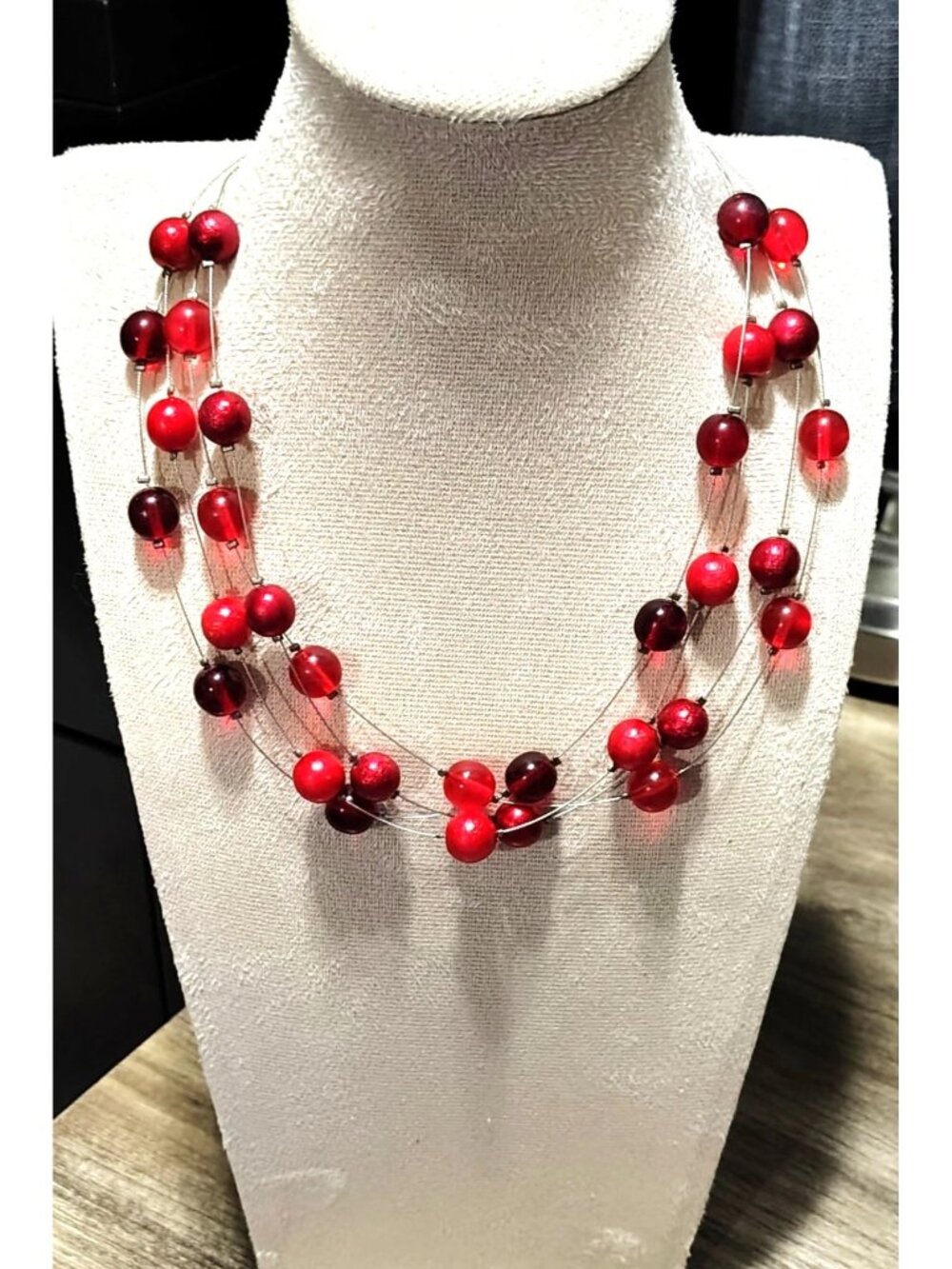 Silver Tone Red Cherry Berry Bubble Layered Statement Necklace Multi Strand Wire